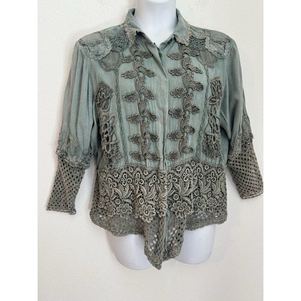 Women’s Shirt Green Button Up Crochet Trim Artsy Art To Wear Boho Size L/XL
